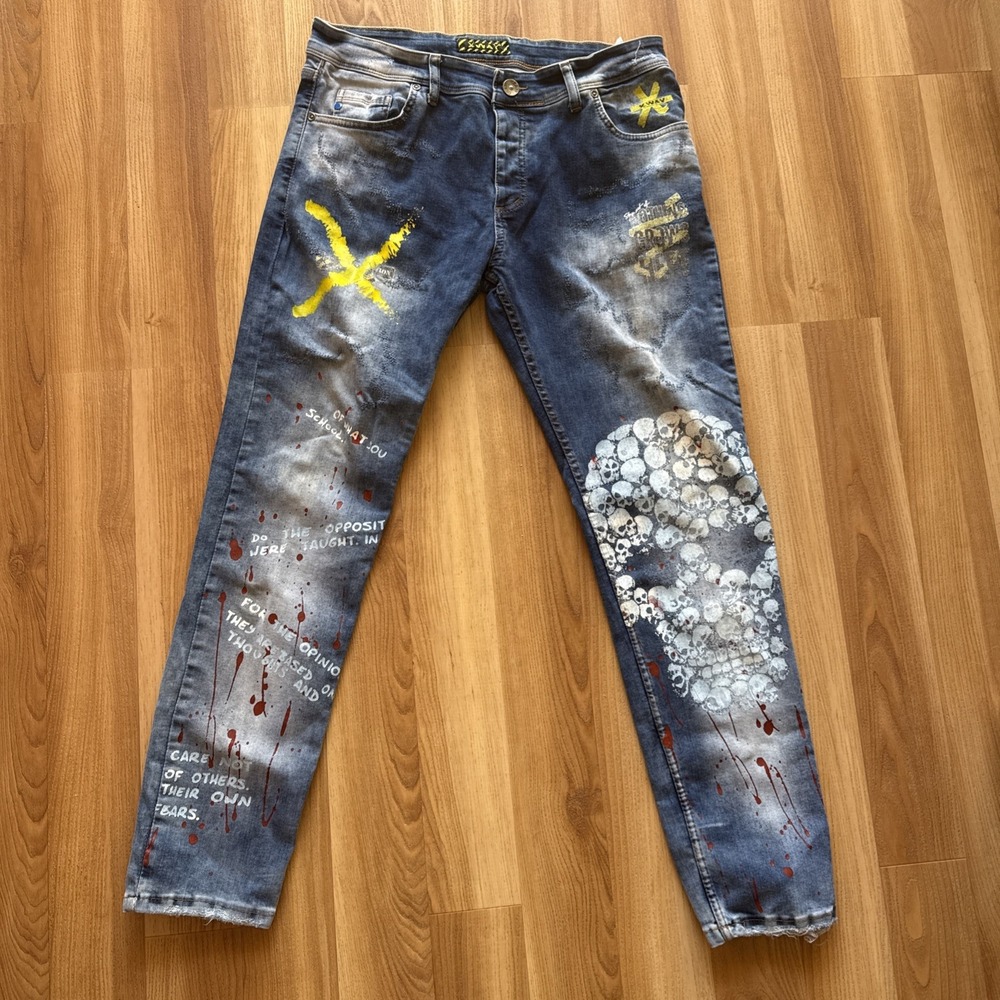 XWAY Skull Graffiti Distressed Denim Jeans Size 36" x 30"